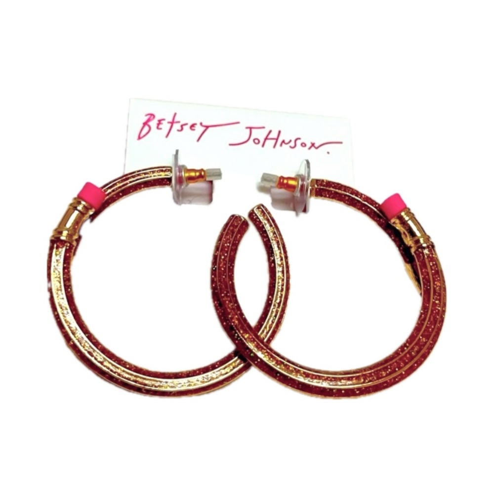 NWT ⚜️✏️⚜️ Betsey Johnson Brown Golden Tone Glittery Pencil Hoop Earrings - Picture 9 of 12